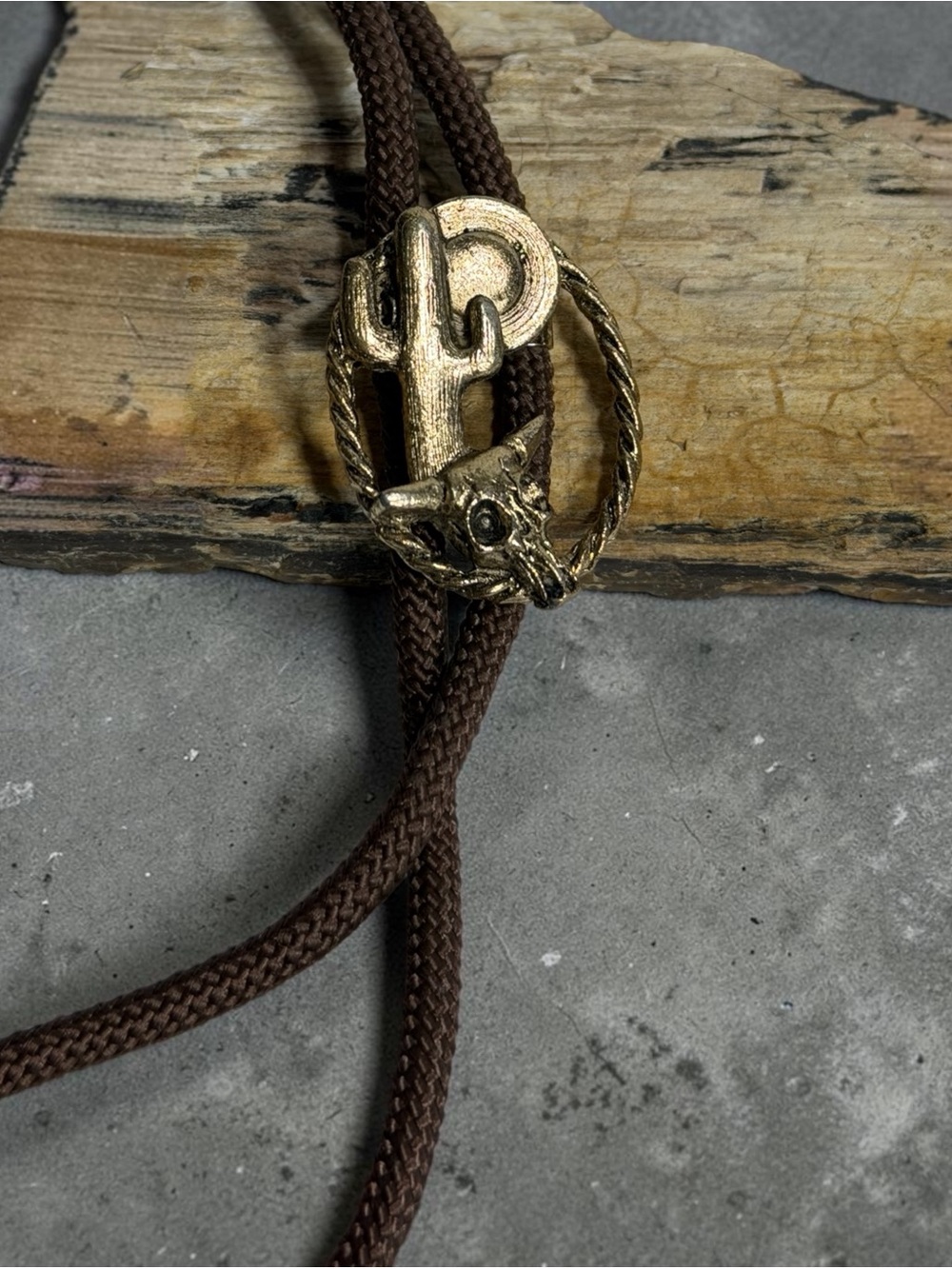 Mens Western Bolo Tie Antiqued Gold Tone Steer Skull Saguaro Cactus Brown Cord